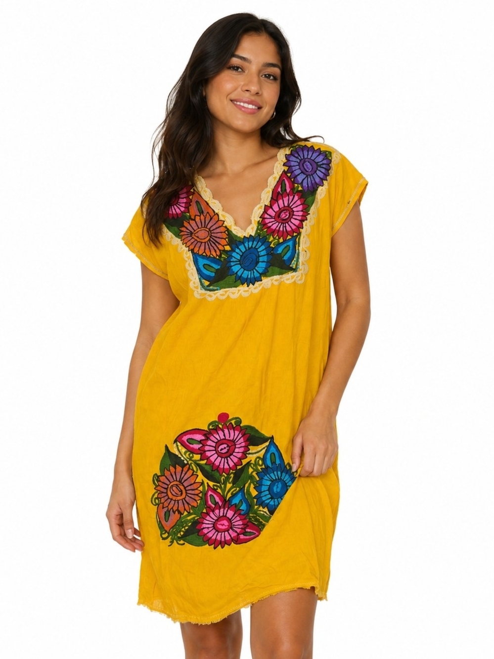 Artesanias Enid Yellow Embroidered Floral Mexican Tunic Dress Boho Folk Festival